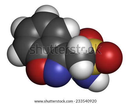 Zonisamide epilepsy drug molecule. Atoms are represented as spheres with conventional color coding: hydrogen (white), carbon (grey), oxygen (red), nitrogen (blue), sulfur (yellow).