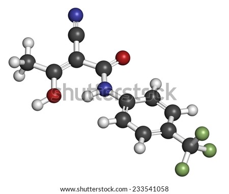 Teriflunomide multiple sclerosis (MS) drug molecule. Atoms are represented as spheres with conventional color coding: hydrogen (white), carbon (grey), oxygen (red), nitrogen (blue), etc