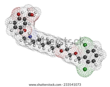 Vilanterol COPD drug molecule. Atoms are represented as spheres with conventional color coding: hydrogen (white), carbon (grey), oxygen (red), nitrogen (blue), chlorine (green).