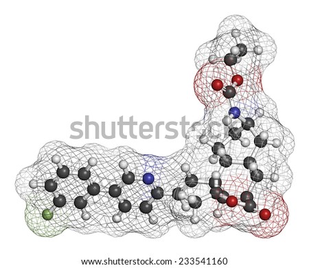Vorapaxar acute coronary syndrome chest pain drug molecule. Atoms are represented as spheres with conventional color coding: hydrogen (white), carbon (grey), oxygen (red), nitrogen (blue), etc