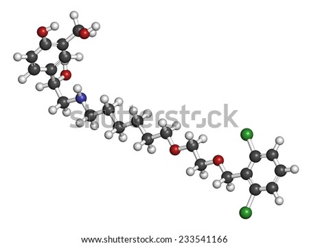Vilanterol COPD drug molecule. Atoms are represented as spheres with conventional color coding: hydrogen (white), carbon (grey), oxygen (red), nitrogen (blue), chlorine (green).
