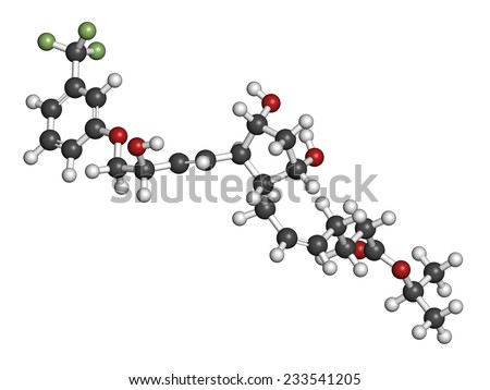 Travoprost eye disease drug molecule. Used in treatment of glaucoma and ocular hypertension. Atoms are represented as spheres with conventional color coding: hydrogen (white), carbon (grey), etc