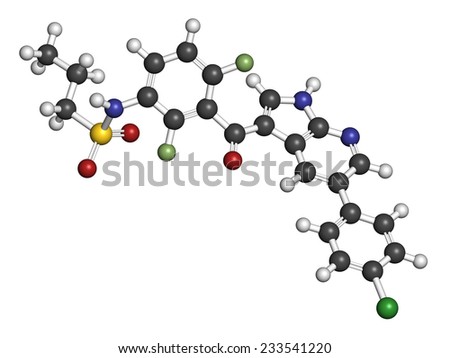 Vemurafenib melanoma drug molecule. Atoms are represented as spheres with conventional color coding: hydrogen (white), carbon (grey), oxygen (red), nitrogen (blue), chlorine (green), etc