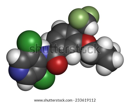 Roflumilast COPD drug molecule (PDE4 inhibitor). Atoms are represented as spheres with conventional color coding: hydrogen (white), carbon (grey), oxygen (red), nitrogen (blue), chlorine (green), etc