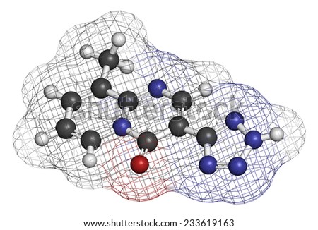 Pemirolast eye allergy drug molecule. Atoms are represented as spheres with conventional color coding: hydrogen (white), carbon (grey), oxygen (red), nitrogen (blue).