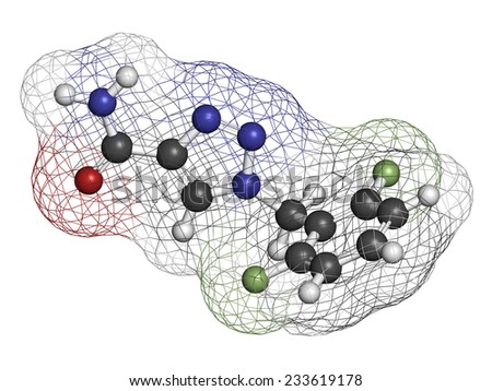 Rufinamide seizures drug molecule. Atoms are represented as spheres with conventional color coding: hydrogen (white), carbon (grey), oxygen (red), nitrogen (blue), fluorine (light green).