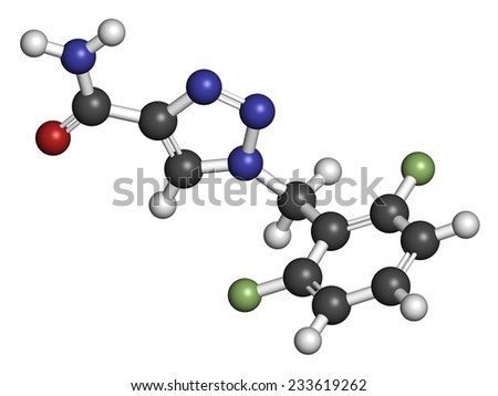 Rufinamide seizures drug molecule. Atoms are represented as spheres with conventional color coding: hydrogen (white), carbon (grey), oxygen (red), nitrogen (blue), fluorine (light green).