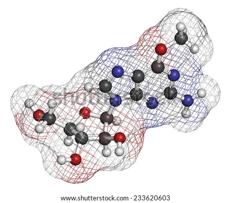 Nelarabine leukemia drug molecule. Atoms are represented as spheres with conventional color coding: hydrogen (white), carbon (grey), oxygen (red), nitrogen (blue).