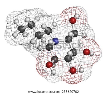 Miglustat Gaucher disease drug molecule. Atoms are represented as spheres with conventional color coding: hydrogen (white), carbon (grey), oxygen (red), nitrogen (blue).