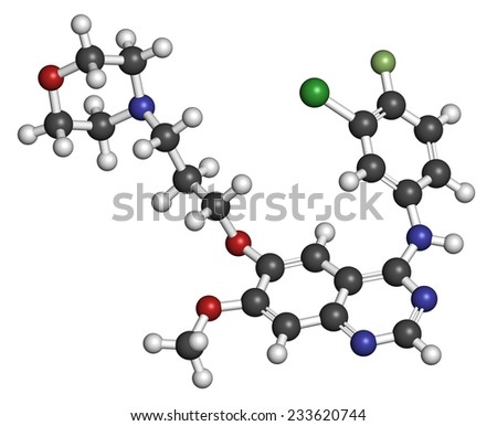 Gefinitib cancer drug molecule. Inhibitor of the epidermal growth factor receptor (EGFR). Atoms are represented as spheres with conventional color coding: hydrogen (white), carbon (grey), etc