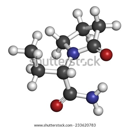 Levetiracetam epilepsy (seizures) drug molecule. S-isomer of etiracetam. Atoms are represented as spheres with conventional color coding: hydrogen (white), carbon (grey), oxygen (red), nitrogen (blue)
