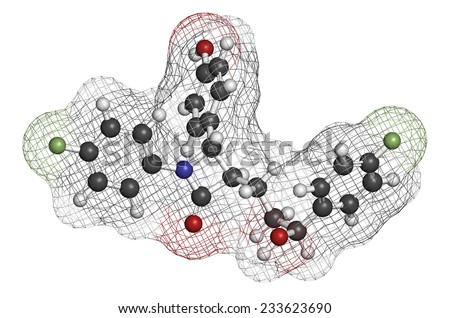 Ezetimibe cholesterol-lowering drug molecule. Atoms are represented as spheres with conventional color coding: hydrogen (white), carbon (grey), oxygen (red), nitrogen (blue), fluorine (light green).