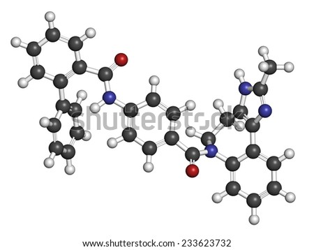 Conivaptan hyponatremia drug molecule. Inhibitor of vasopressin receptors V1a and V2 Atoms are represented as spheres with conventional color coding: hydrogen (white), carbon (grey), oxygen (red), etc