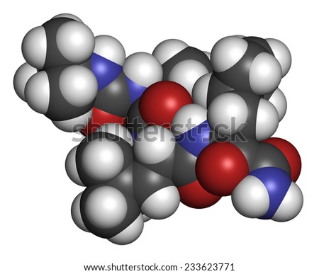 Boceprevir hepatitis C virus (HCV) drug molecule. Atoms are represented as spheres with conventional color coding: hydrogen (white), carbon (grey), oxygen (red), nitrogen (blue).