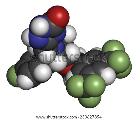 Aprepitant antiemetic drug molecule. Atoms are represented as spheres with conventional color coding: hydrogen (white), carbon (grey), oxygen (red), nitrogen (blue), fluorine (light green).