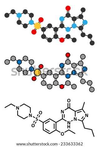 Vardenafil erectile dysfunction drug molecule. Conventional skeletal formula and stylized representations.