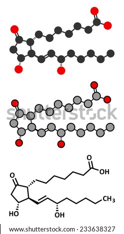 Alprostadil (prostaglandin E1) erectile dysfunction drug molecule. Conventional skeletal formula and stylized representations.