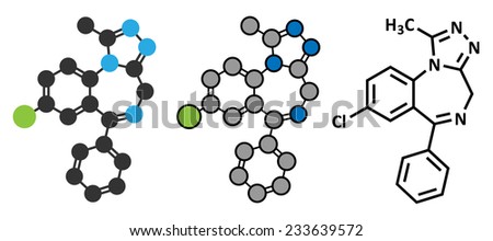 Alprazolam sedative and hypnotic drug (benzodiazepine class) molecule. Conventional skeletal formula and stylized representations.