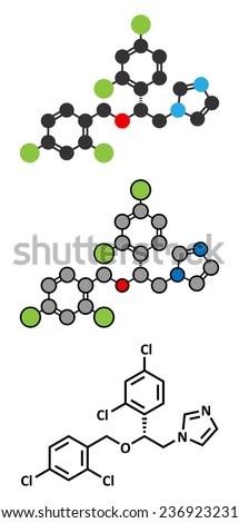 Miconazole antifungal drug molecule. Imidazole class antimycotic, used in treatment of athlete\'s foot, ringworm, yeast infections, etc. Conventional skeletal formula and stylized representations.