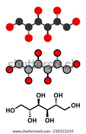 Mannitol (mannite, manna sugar) molecule. Used as sweetener, drug, etc. Conventional skeletal formula and stylized representations.