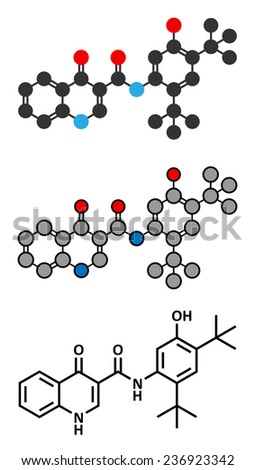 Ivacaftor cystic fibrosis drug molecule. Conventional skeletal formula and stylized representations.