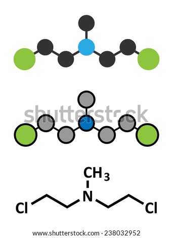 Chlormethine (mechlorethamine, mustine, HN2) cancer chemotherapy drug molecule. Nitrogen mustard compound also used a blister agent (chemical weapon). Skeletal formula and stylized representations.