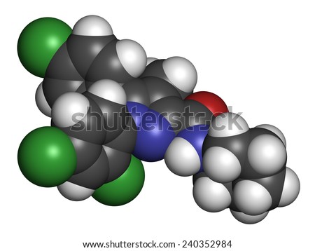 Rimonabant obesity drug molecule (withdrawn). Atoms are represented as spheres with conventional color coding: hydrogen (white), carbon (grey), oxygen (red), nitrogen (blue), chlorine (green).