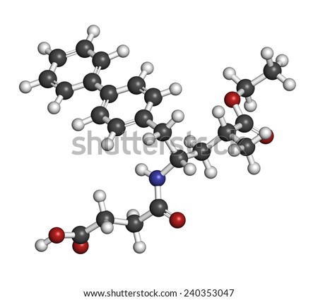 Sacubitril hypertension drug molecule. Atoms are represented as spheres with conventional color coding: hydrogen (white), carbon (grey), oxygen (red), nitrogen (blue).