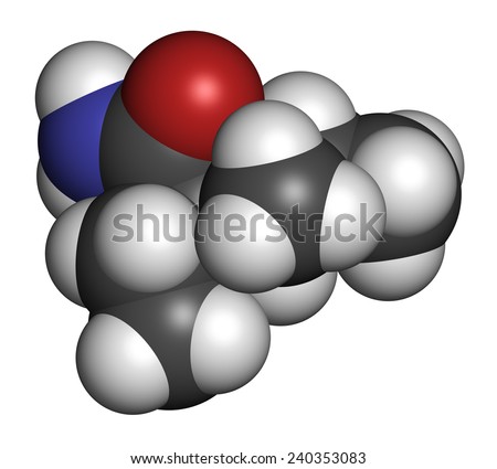 Valnoctamide sedative drug molecule. Atoms are represented as spheres with conventional color coding: hydrogen (white), carbon (grey), oxygen (red), nitrogen (blue).
