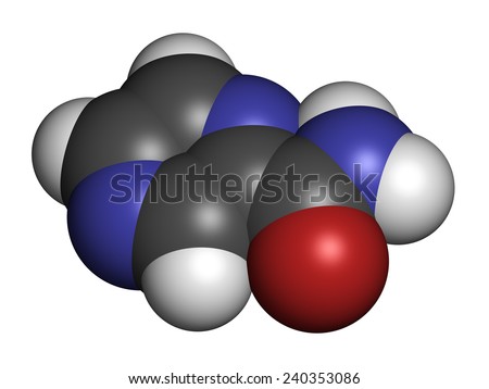 Pyrazinamide tuberculosis drug molecule. Atoms are represented as spheres with conventional color coding: hydrogen (white), carbon (grey), oxygen (red), nitrogen (blue).