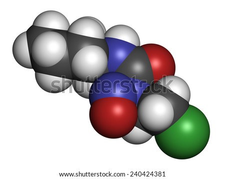 Lomustine brain cancer chemotherapy drug molecule. Atoms are represented as spheres with conventional color coding: hydrogen (white), carbon (grey), oxygen (red), nitrogen (blue), chlorine (green).