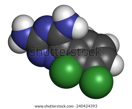 Lamotrigine seizures drug molecule. Used in treatment of epilepsy and bipolar disorder. Atoms are represented as spheres with conventional color coding: hydrogen (white), carbon (grey), etc