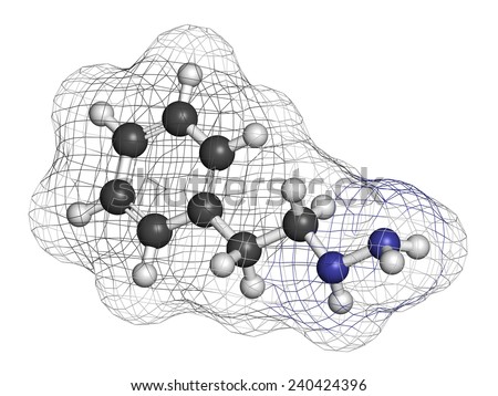 Phenelzine antidepressant molecule. Belongs to hydrazine class of antidepressants. Atoms are represented as spheres with conventional color coding: hydrogen (white), carbon (grey), nitrogen (blue).