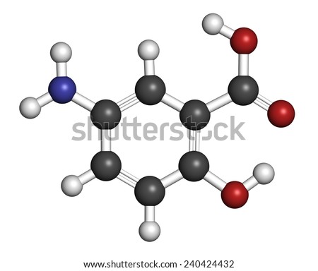 Mesalazine (mesalamine, 5-aminosalicylic acid) inflammatory bowel disease drug molecule. Atoms are represented as spheres with conventional color coding: hydrogen (white), carbon (grey), etc