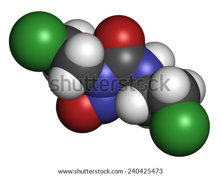 Carmustine (BCNU) cancer chemotherapy drug molecule. Atoms are represented as spheres with conventional color coding: hydrogen (white), carbon (grey), oxygen (red), nitrogen (blue), chlorine (green).