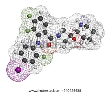 Cobimetinib melanoma drug molecule. Atoms are represented as spheres with conventional color coding: hydrogen (white), carbon (grey), oxygen (red), nitrogen (blue), iodine (purple), etc