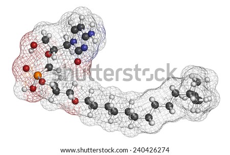 Brincidofovir antiviral drug molecule. Prodrug of cidofovir. Atoms are represented as spheres with conventional color coding: hydrogen (white), carbon (grey), oxygen (red), nitrogen (blue), etc