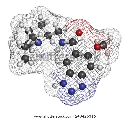 Alizapride antiemetic drug molecule. Used in treatment of nausea and vomiting. Atoms are represented as spheres with conventional color coding: hydrogen (white), carbon (grey), oxygen (red), etc