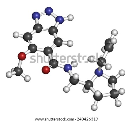 Alizapride antiemetic drug molecule. Used in treatment of nausea and vomiting. Atoms are represented as spheres with conventional color coding: hydrogen (white), carbon (grey), oxygen (red), etc