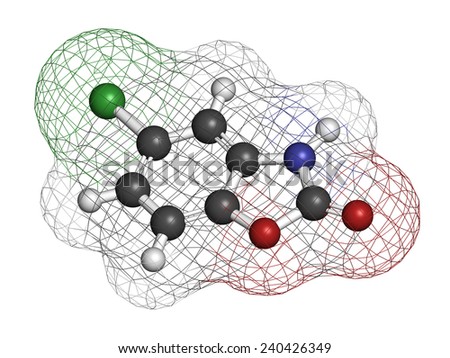 Chlorzoxazone muscle relaxant drug molecule. Atoms are represented as spheres with conventional color coding: hydrogen (white), carbon (grey), oxygen (red), nitrogen (blue), chlorine (green).