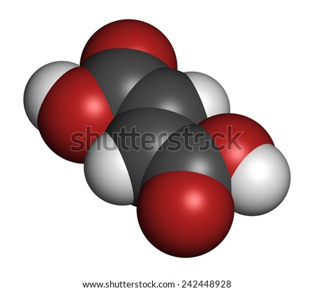 Fumaric acid molecule. Found in bolete mushrooms, lichen and iceland moss and used as food additive. Atoms are represented as spheres with conventional color coding: hydrogen (white), etc