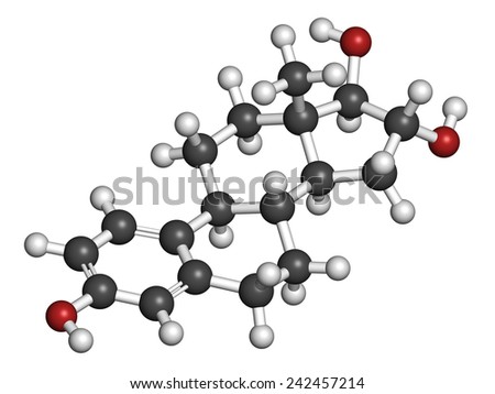 Estriol (oestriol) human estrogen hormone molecule. Atoms are represented as spheres with conventional color coding: hydrogen (white), carbon (grey), oxygen (red).