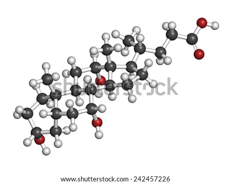 Bile acid (cholic acid, cholate) molecule. Cholic acid is the main bile acid in humans. Atoms are represented as spheres with conventional color coding: hydrogen (white), carbon (grey), oxygen (red).