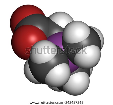 Arsenobetaine organoarsenic molecule. Main source of arsenic present in fish. Atoms are represented as spheres with conventional color coding: hydrogen (white), carbon (grey), oxygen (red), etc