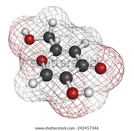 Kojic acid molecule. Used as food additive and for skin depigmentation in cosmetics. Atoms are represented as spheres with conventional color coding: hydrogen (white), carbon (grey), oxygen (red).