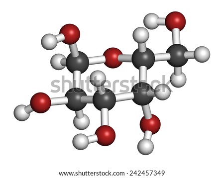 Galactose sugar molecule. Present in milk and dairy products. Atoms are represented as spheres with conventional color coding: hydrogen (white), carbon (grey), oxygen (red).