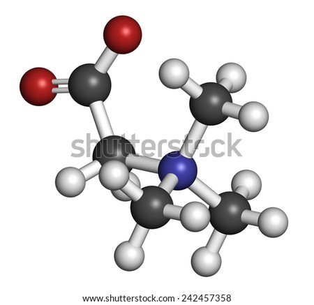 Betaine (glycine betaine, trimethylglycine) molecule. Originally found in sugar beet (Beta vulgaris). Atoms are represented as spheres with conventional color coding: hydrogen (white), etc