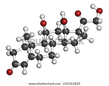 Aldosterone mineralocorticoid hormone, produced by the adrenal gland. Atoms are represented as spheres with conventional color coding: hydrogen (white), carbon (grey), oxygen (red).