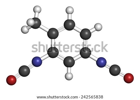 Toluene diisocyanate (TDI, 2,4-TDI) polyurethane building block molecule. May be a carcinogen. Atoms are represented as spheres with conventional color coding: hydrogen (white), carbon (grey), etc