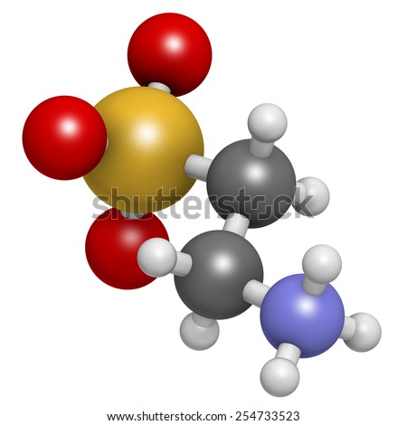 Taurine (2-aminoethanesulfonic acid) molecule. Component of human body, essential for skeletal muscle functioning. Atoms are represented as spheres with conventional color coding: hydrogen (white),...